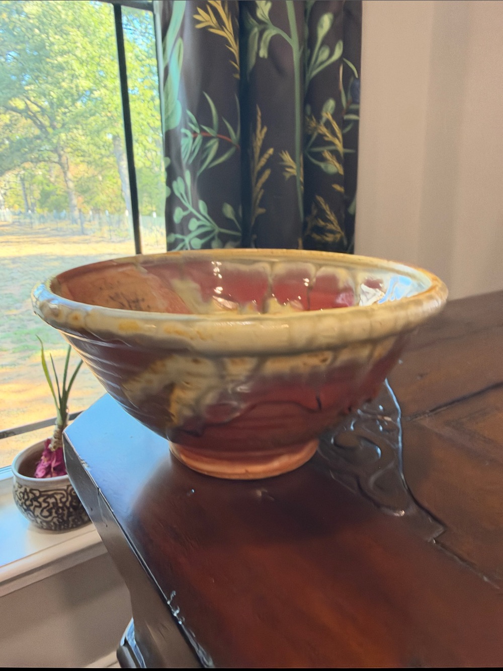 Handmade Rustic Red/Orange Ceramic Glazed Footed Decorative Bowl- 7 inch
